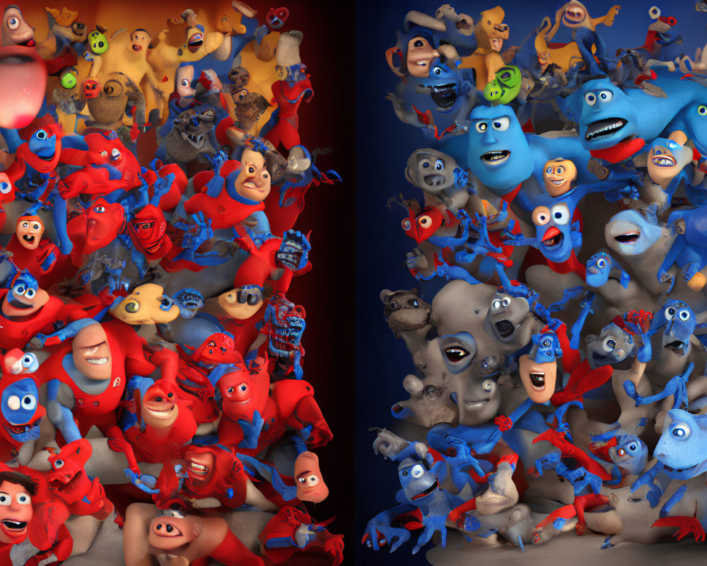 Colorful 3D animated character collage in red and blue