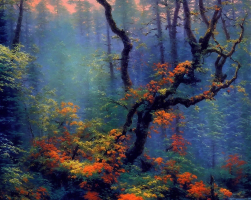 Twilight forest scene: vibrant orange foliage, twisting trees, soft fog, pink sky