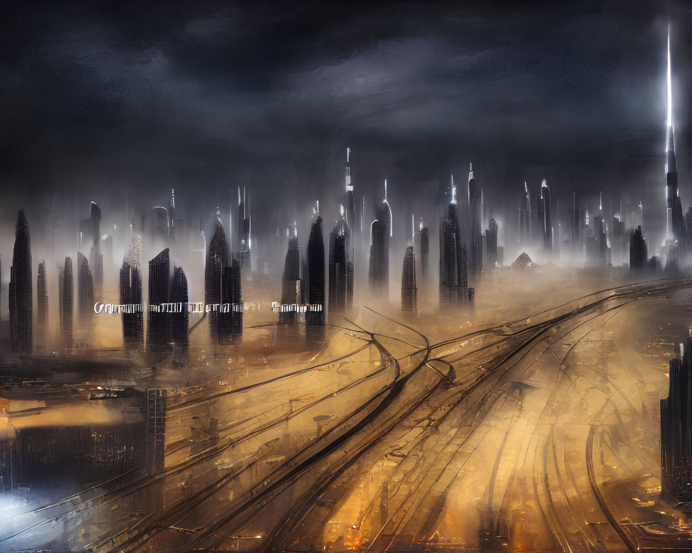 Futuristic night cityscape with stormy sky, towering skyscrapers, roads, and dyst