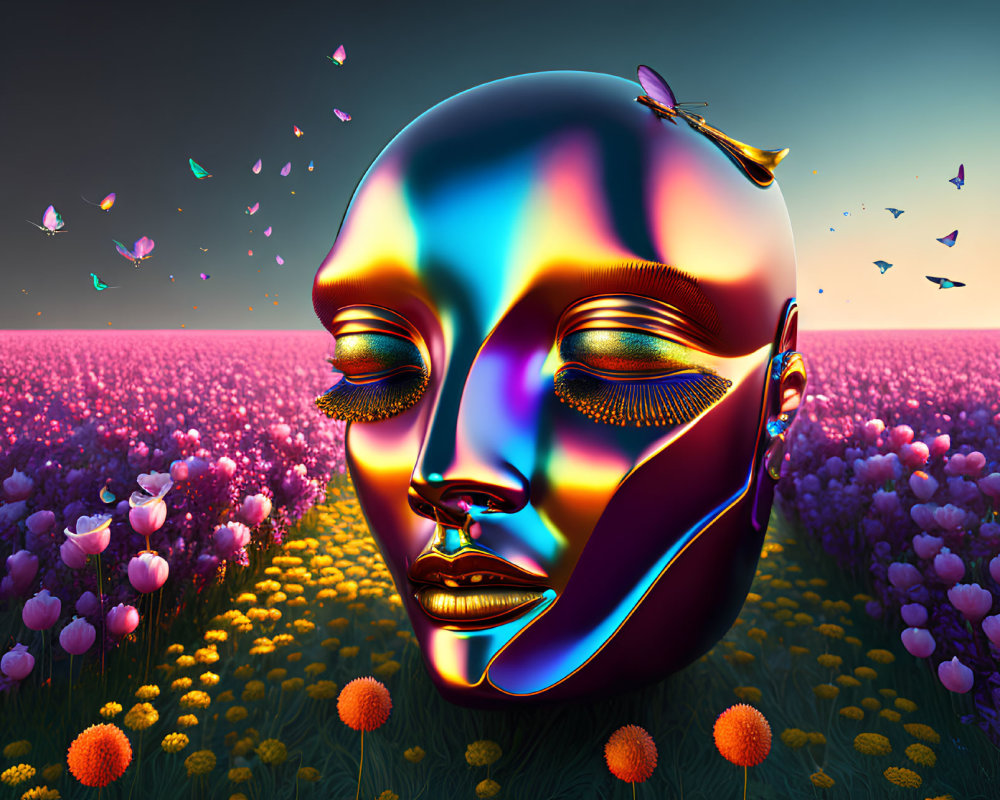Colorful digital artwork: Metallic face in a nature scene with butterflies and dragonfly under pink and blue