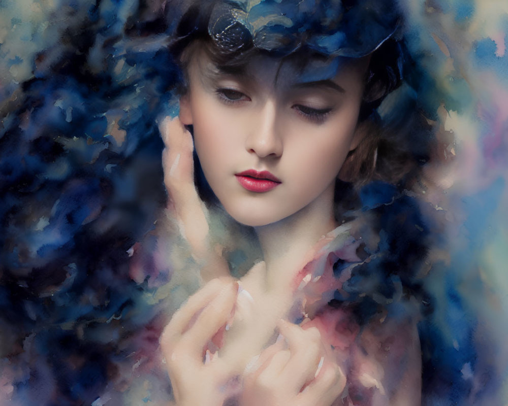 Digital painting of young woman with nostalgic expression and blue floral headpiece in soft, ethereal colors