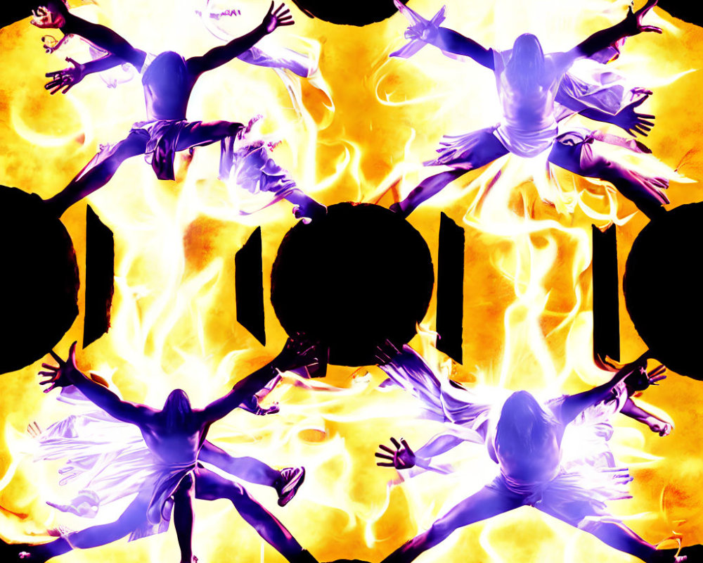 Symmetrical Silhouetted Figures on Fiery Yellow Background