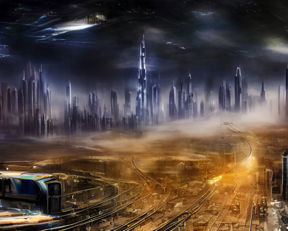 Futuristic cityscape with skyscrapers and monorail system