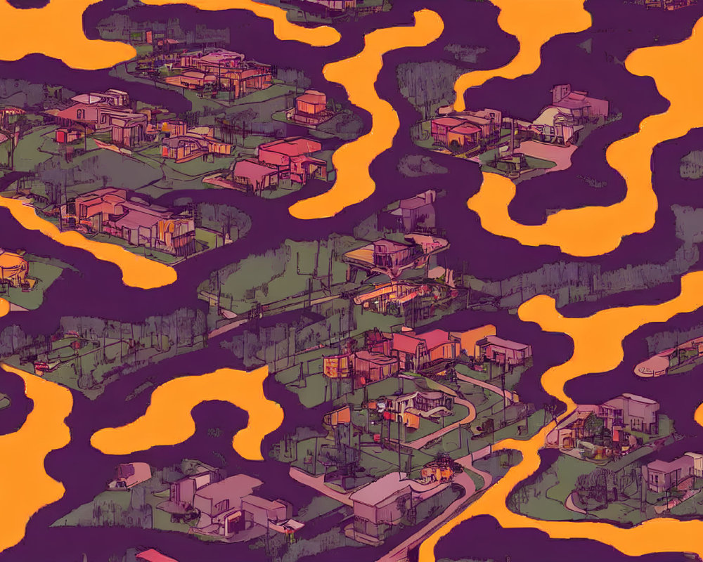 Surreal illustrated landscape of fragmented suburbia with detached houses on islets in orange lava.