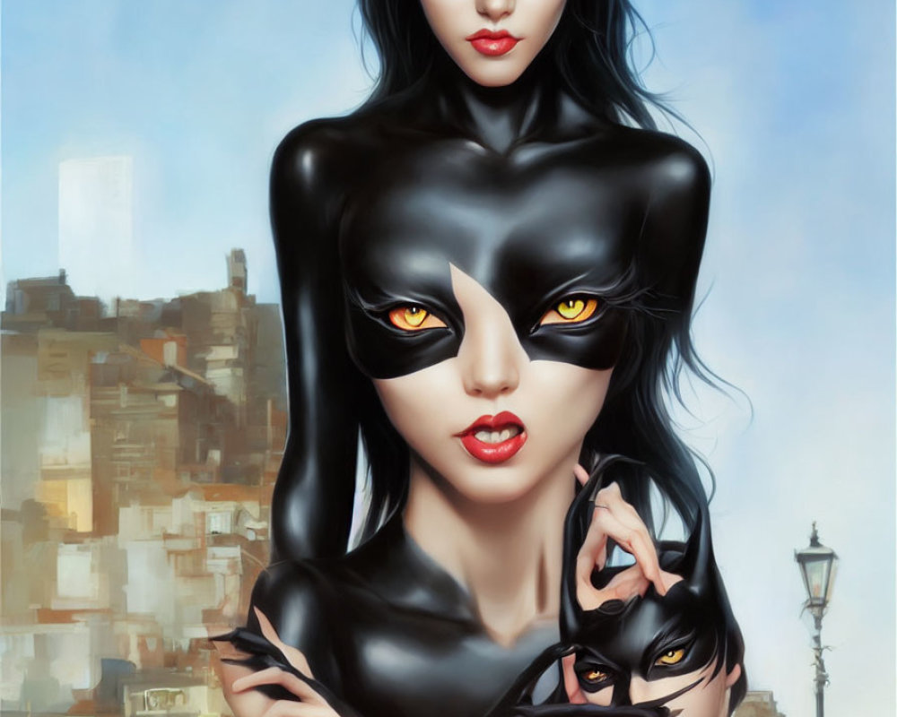 Three stylized women in black outfits and cat masks against cityscape background