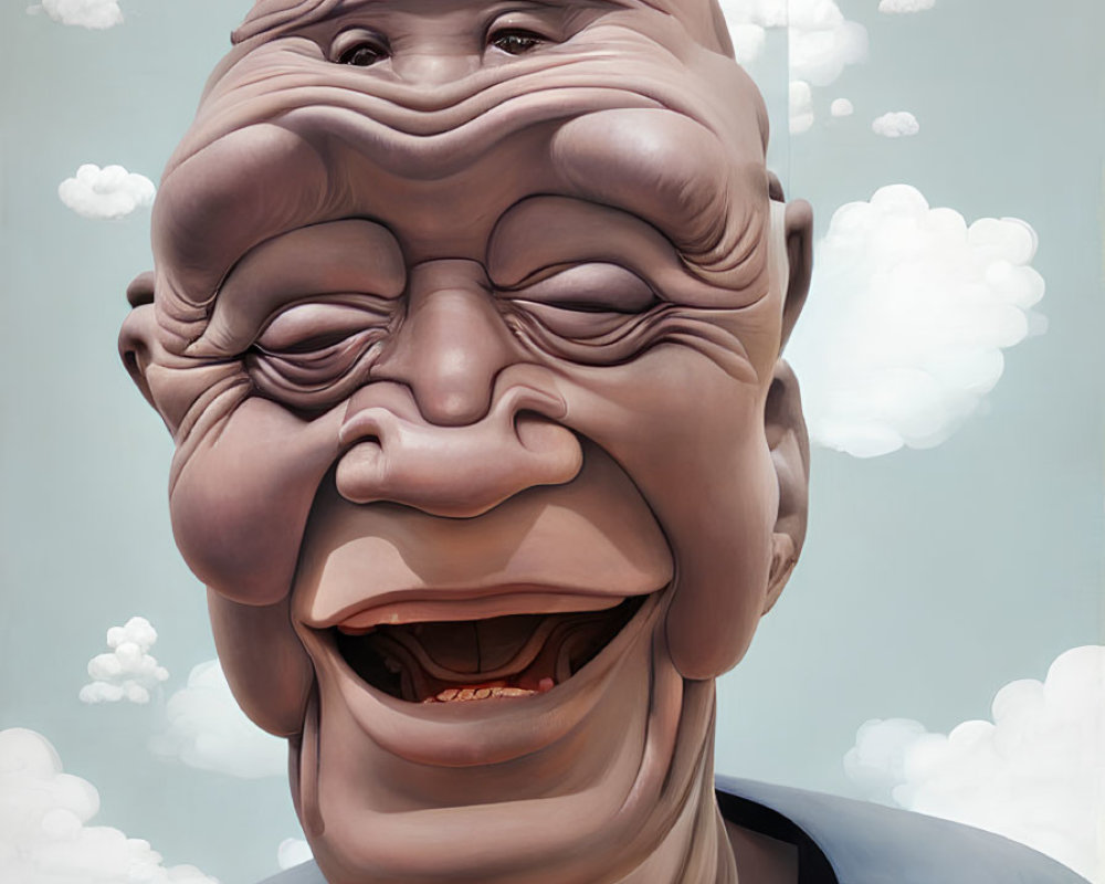 Elderly person with exaggerated facial features smiling broadly outdoors