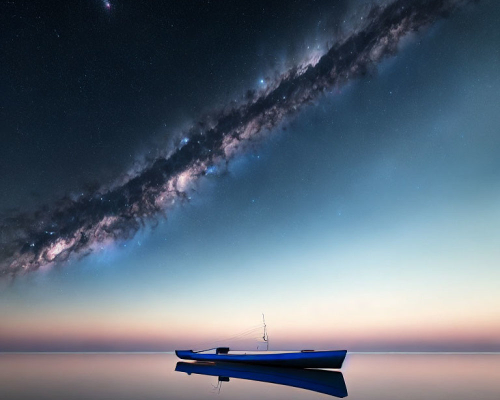 Tranquil twilight setting with blue kayak on glassy water under Milky Way.