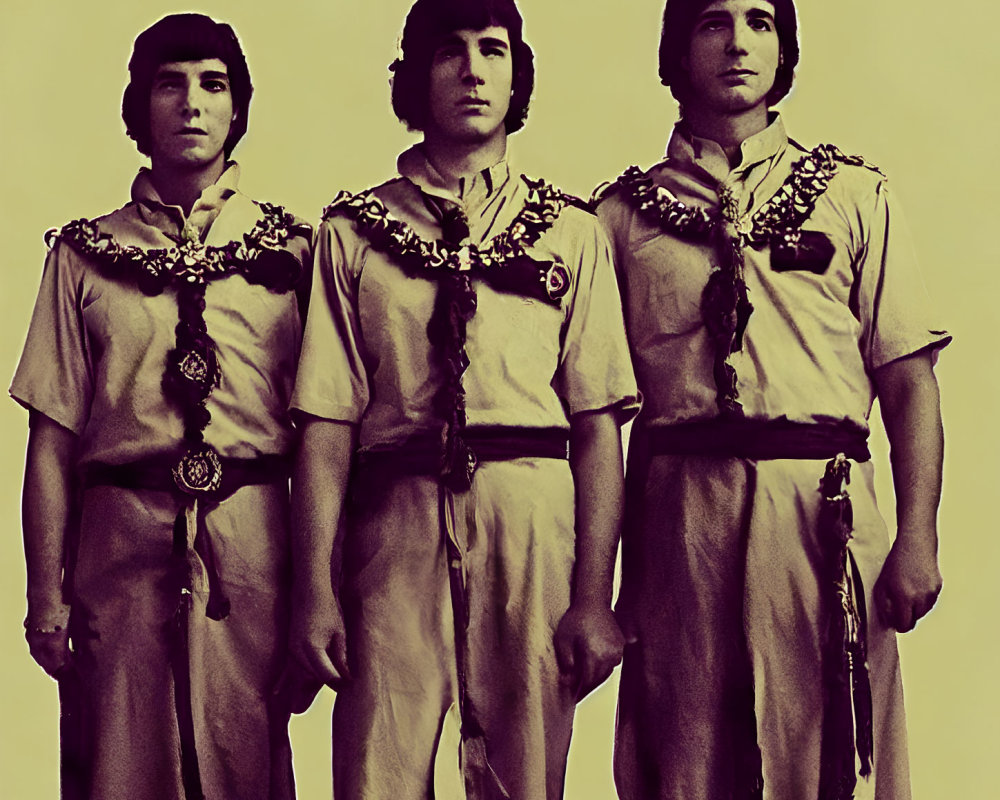 Three individuals in matching scout uniforms standing in a row