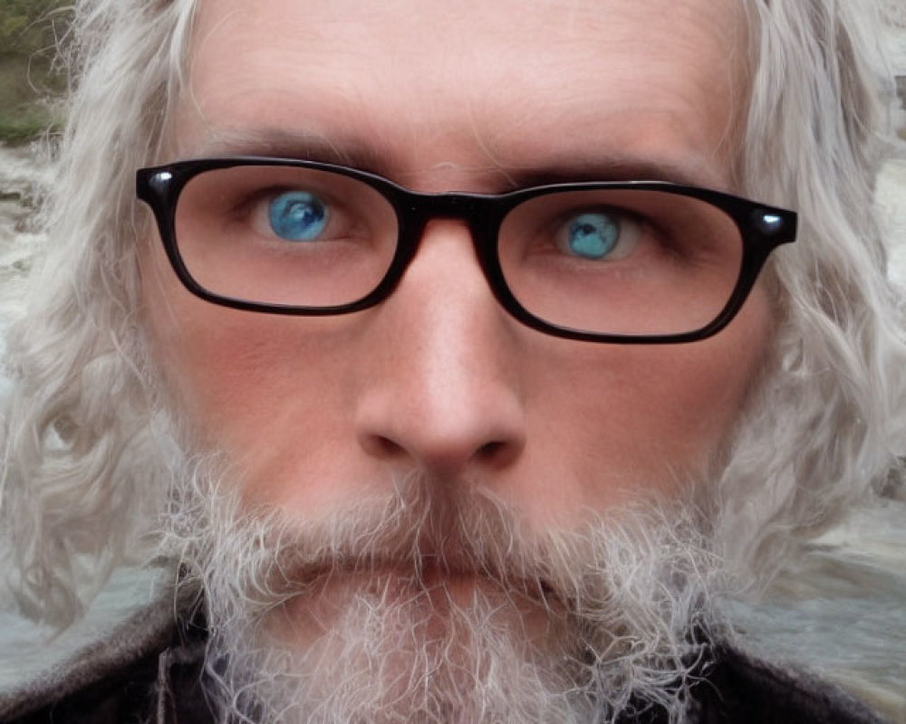 Portrait of a man with blue eyes, gray beard, and glasses in nature.