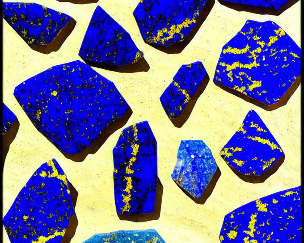 Blue and Yellow Speckled Lapis Lazuli Gemstones on Cream Background