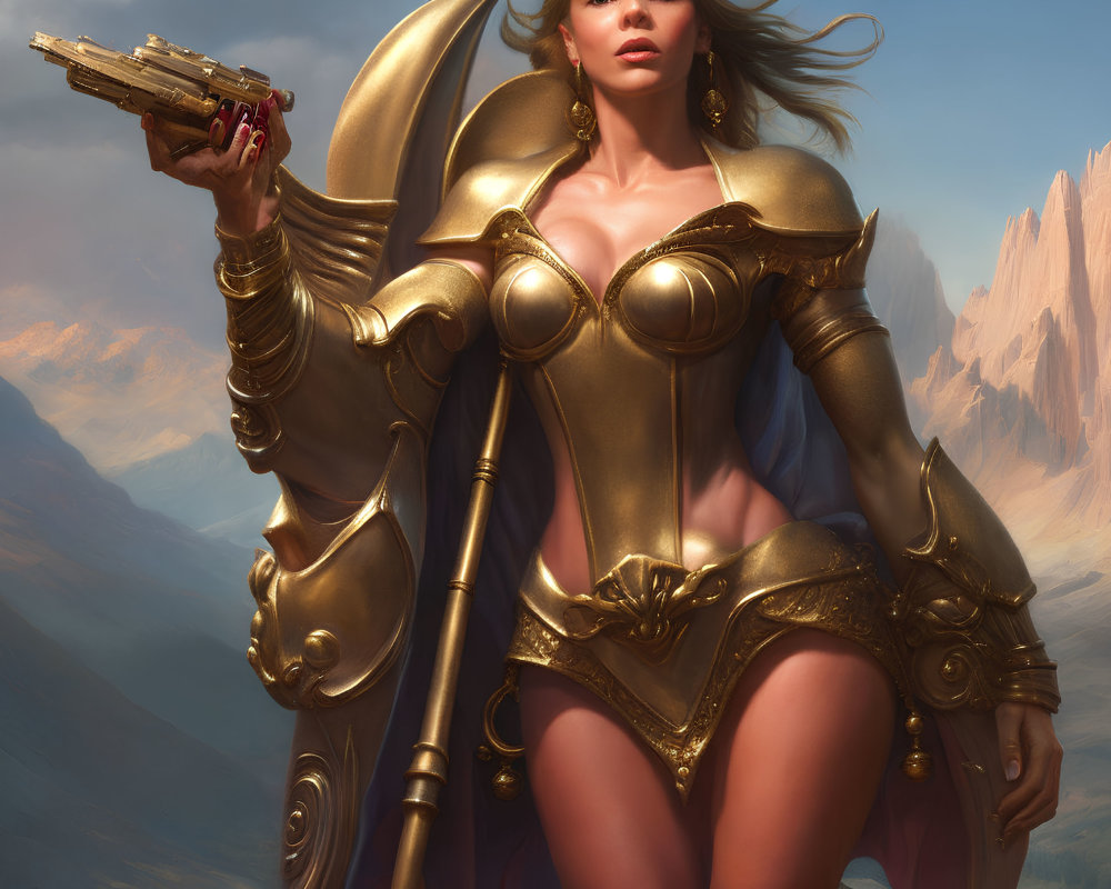 Fantasy female warrior in golden armor with futuristic gun and staff against mountainous backdrop