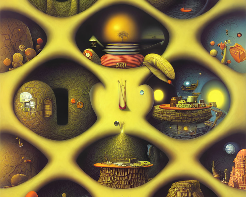 Fantastical scenes inside honeycomb-like cells with surreal elements