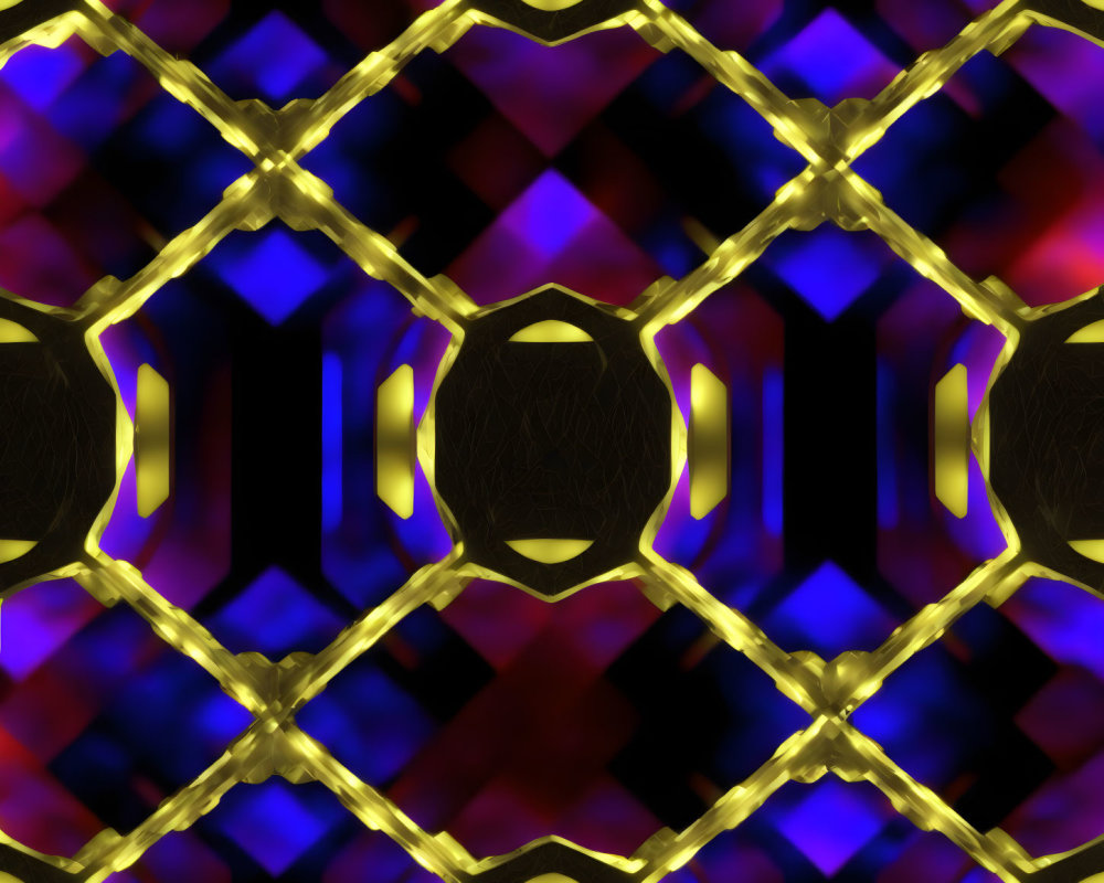 Symmetrical Abstract Pattern in Yellow, Blue, and Purple on Dark Background