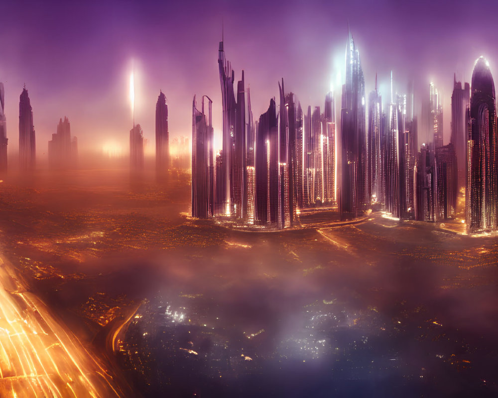 Twilight futuristic cityscape with skyscrapers and illuminated highway