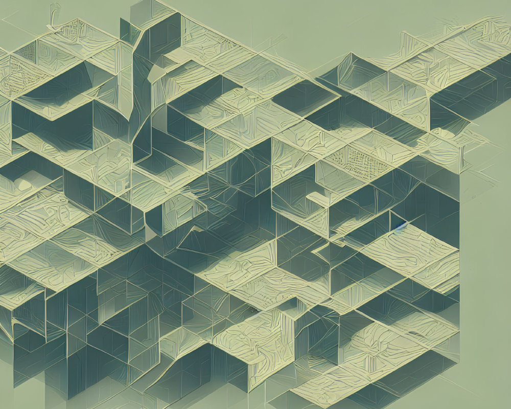 Isometric digital artwork of complex labyrinth structure in green hue