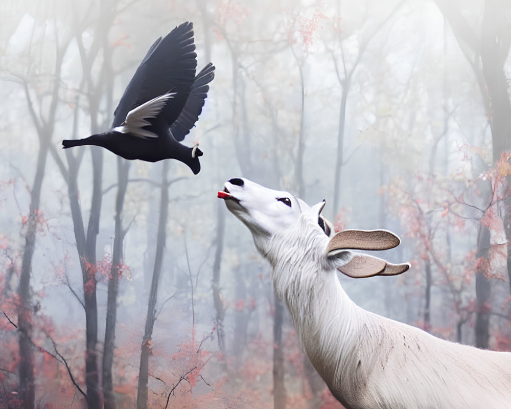 White deer and black bird in misty autumn forest