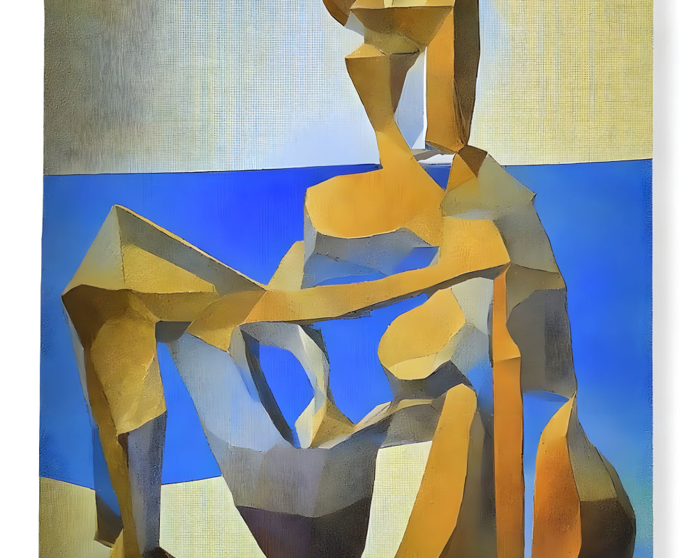 Cubist-style Abstract Painting with Fragmented Figure in Gold and Blue