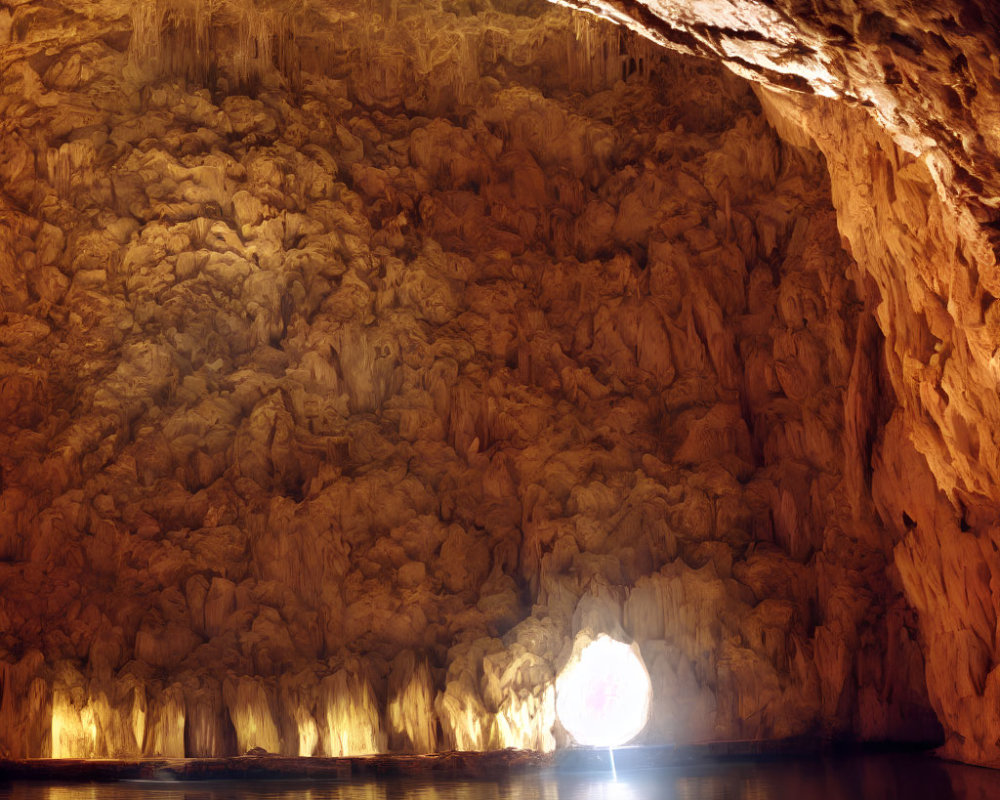 Luminous portal in vast cave with tranquil water surface