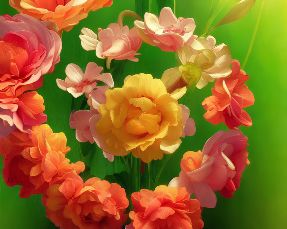 Colorful Bouquet of Orange, Pink, and Yellow Flowers on Green Background