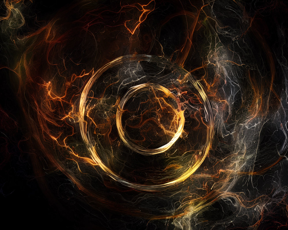 Abstract Golden Light Whirl with Orange and White Chaos on Black Background