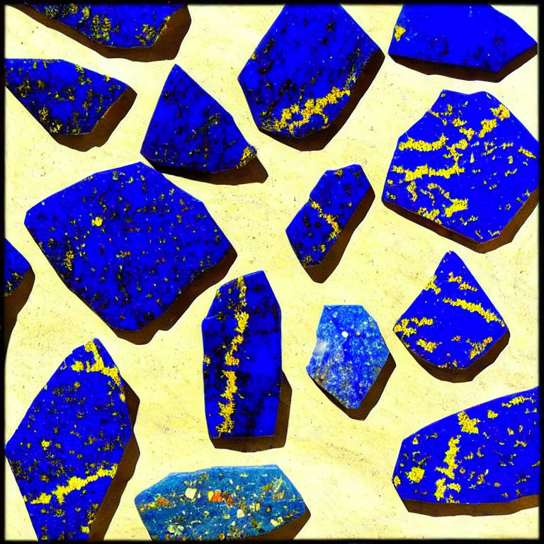 Blue and Yellow Speckled Lapis Lazuli Gemstones on Cream Background