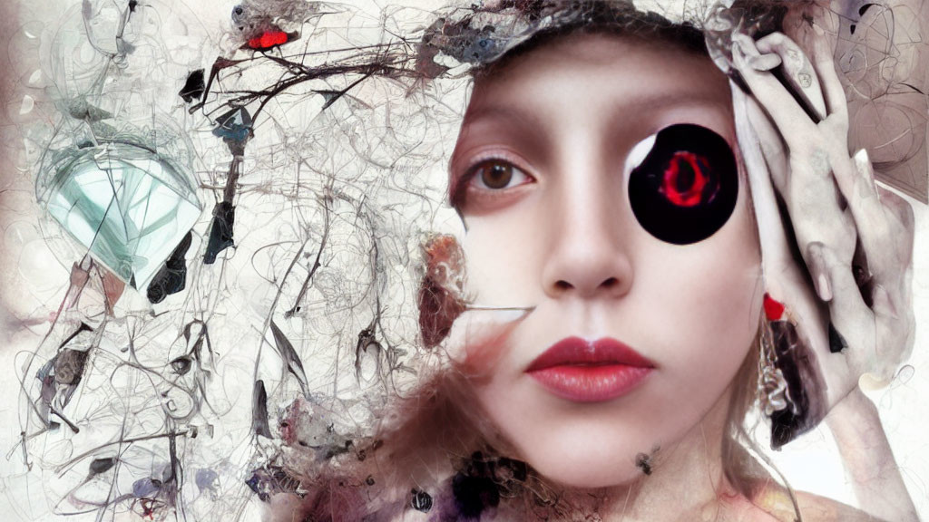 Abstract surrealistic digital art featuring female face with red eye, branches, and scattered elements