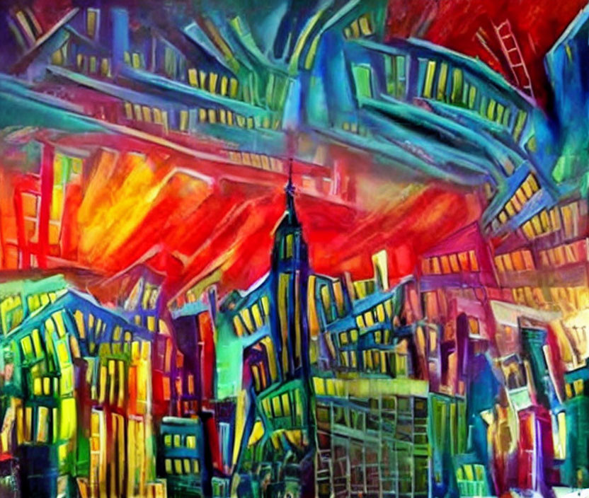 Vibrant abstract cityscape painting with exaggerated features and colorful sky