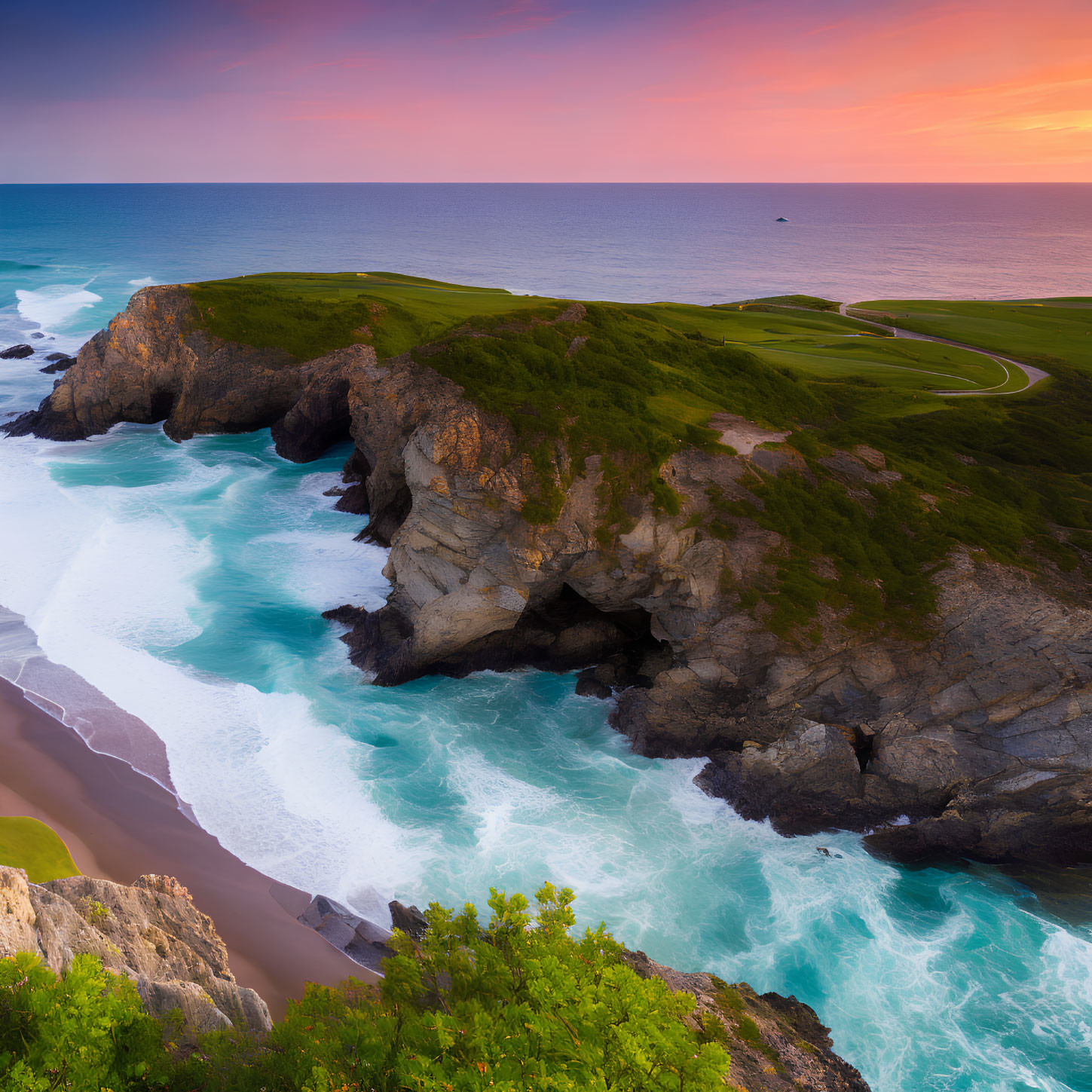 Vibrant Coastal Sunset with Golf Course, Turquoise Waves, and Serene Horizon