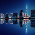 Futuristic night cityscape with skyscrapers and rain in blue ambiance