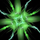 Dynamic Green Energy Burst with Light Streaks on Black Background