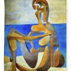 Cubist-style Abstract Painting with Fragmented Figure in Gold and Blue