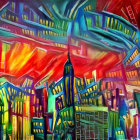 Vibrant abstract cityscape painting with exaggerated features and colorful sky
