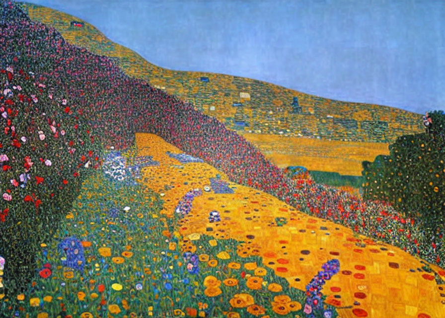 Colorful Flower-Covered Hill Painting with Blue Sky