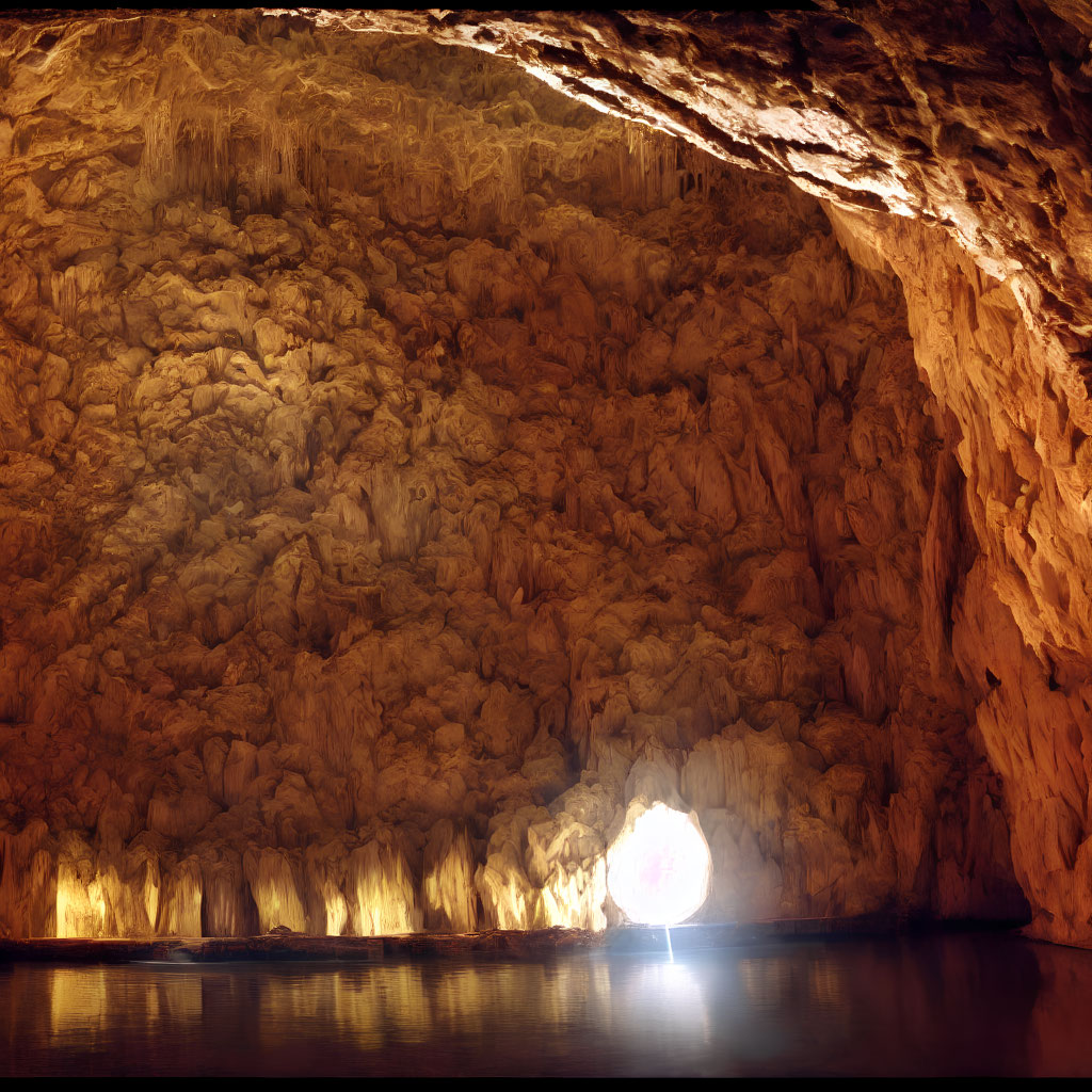 Luminous portal in vast cave with tranquil water surface