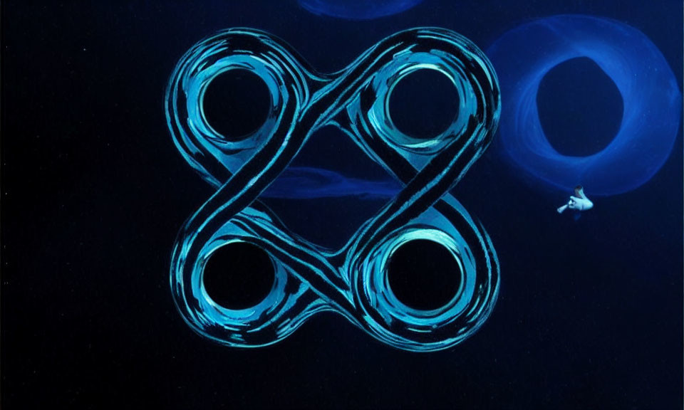 Blue bioluminescent rings form infinity symbol with diver in background