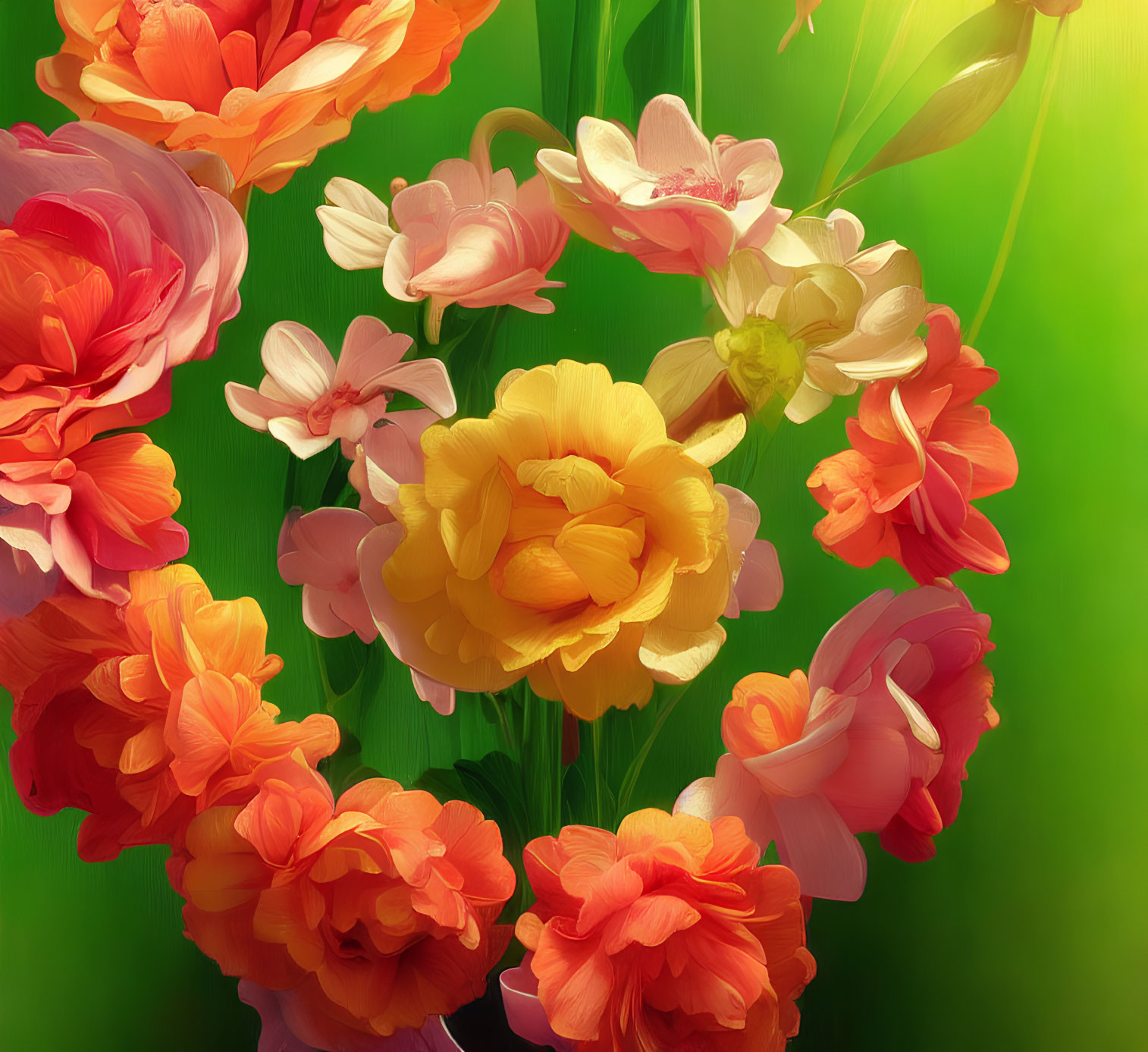 Colorful Bouquet of Orange, Pink, and Yellow Flowers on Green Background