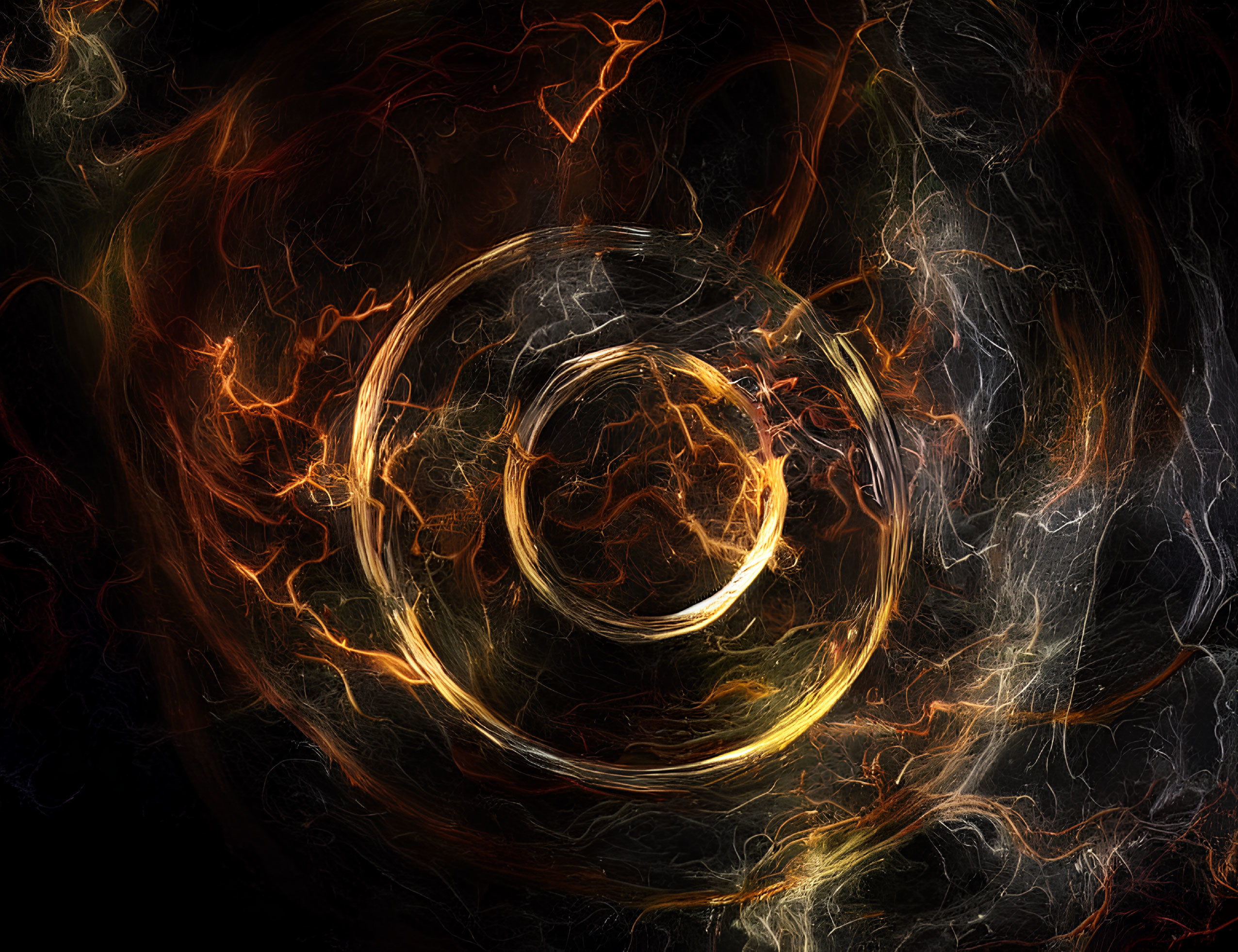 Abstract Golden Light Whirl with Orange and White Chaos on Black Background