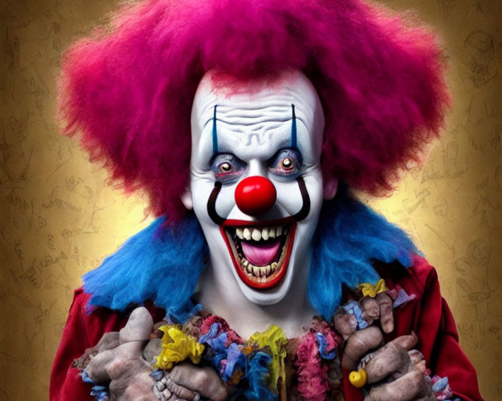 Colorful Clown with Red and Pink Afro and White Face Paint Smiling at Camera