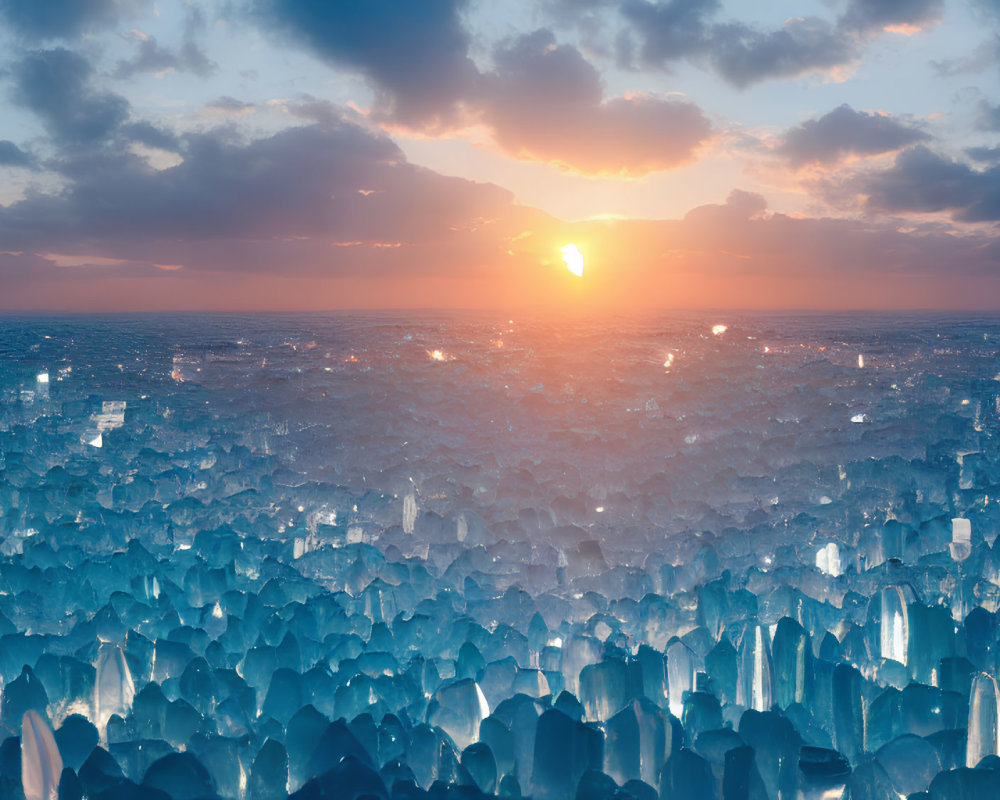 Vibrant sunset over crystal landscape with piercing light rays