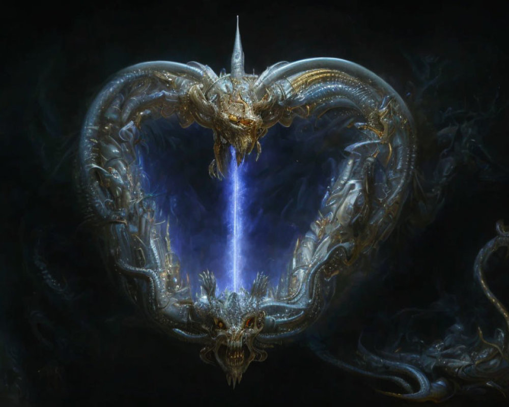 Intricate Heart-Shaped Emblem with Mirrored Dragons and Blue Energy Core