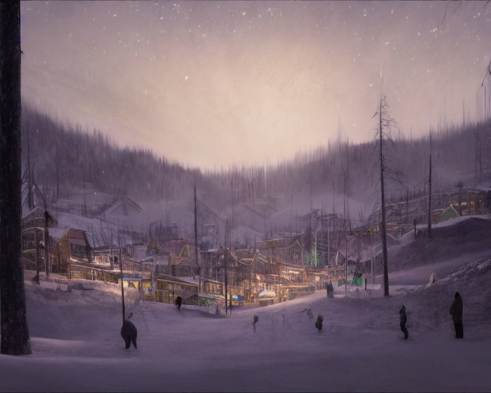 Snowy village at twilight with warmly lit buildings and figures walking among trees.