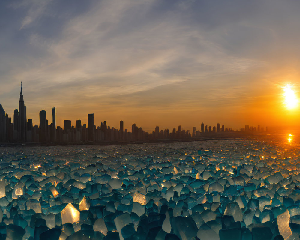 City skyline sunset with water reflections and scattered ice