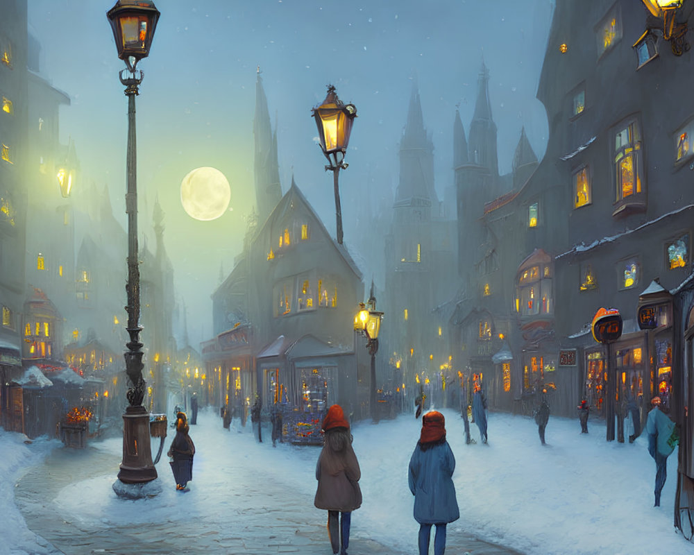 Snowy evening street scene with warm street lamps, full moon, and people walking.