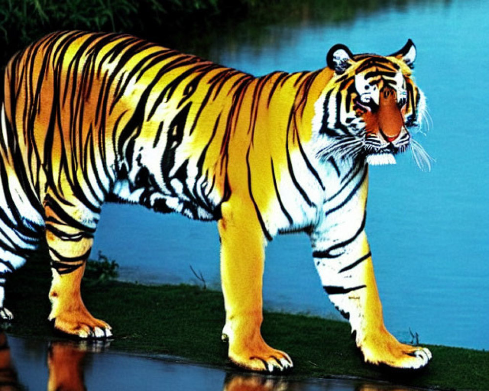 Tiger by Water with Reflection in Greenery
