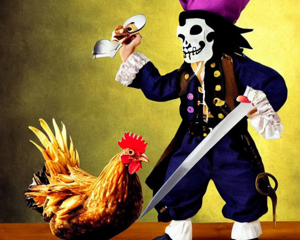 Skeleton Pirate in Purple Hat and Coat Chasing Rooster with Saber and Mask
