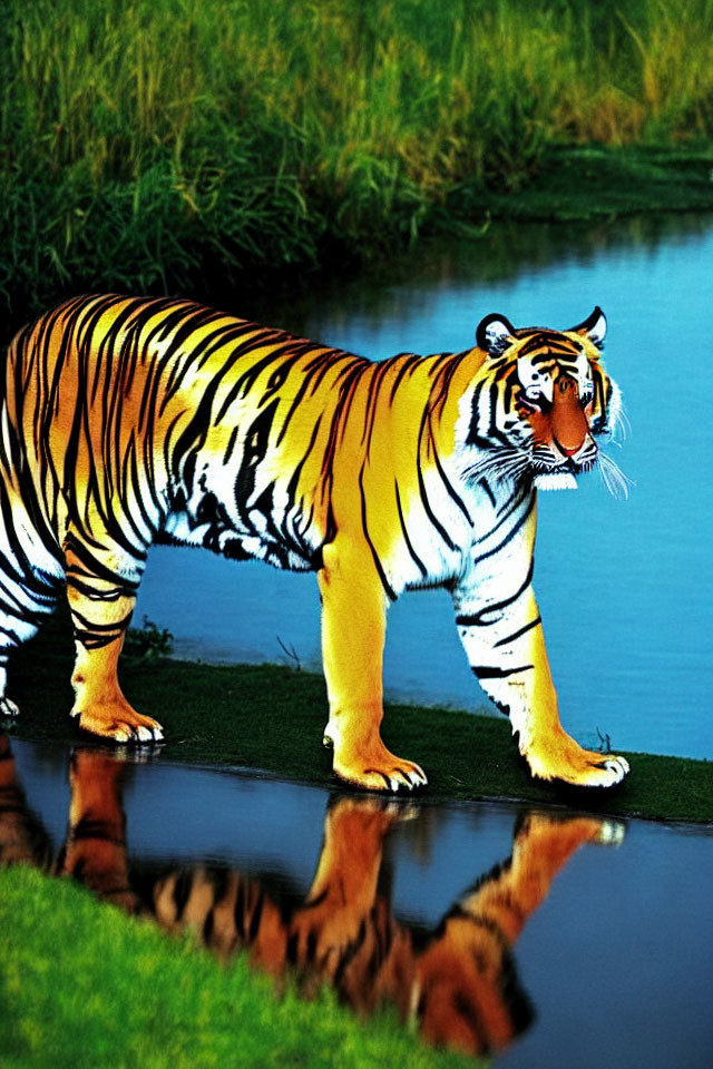Tiger by Water with Reflection in Greenery