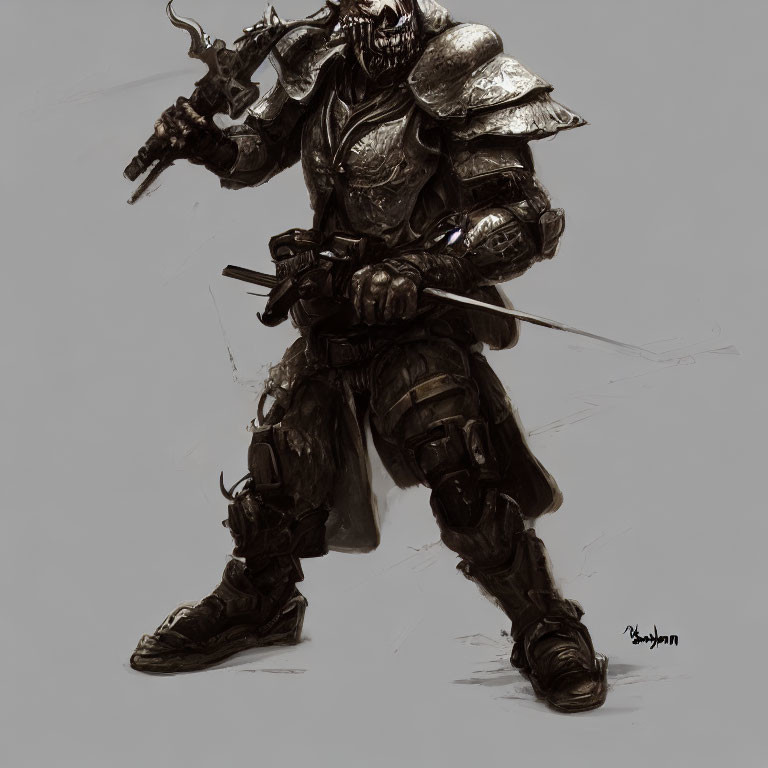 Menacing knight in full armor with sword and futuristic gun