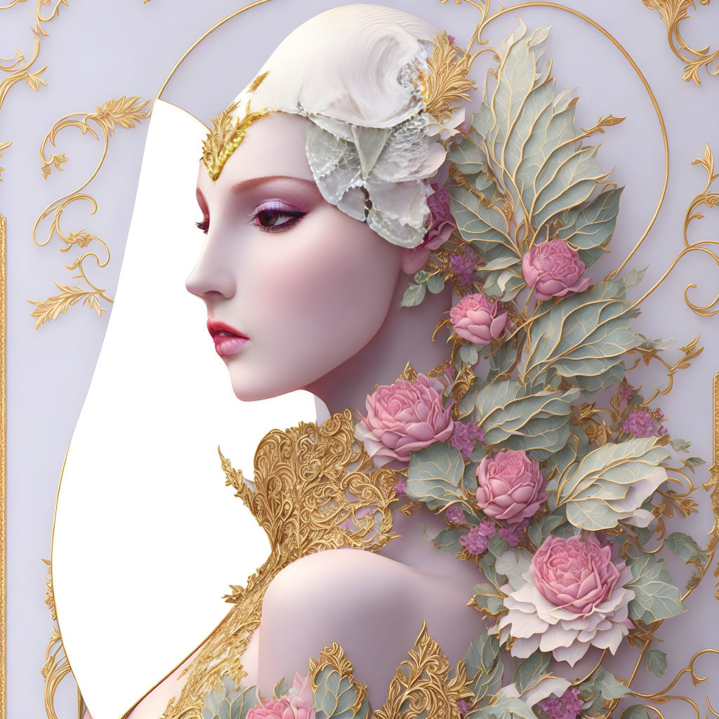 Surrealist portrait blending woman's face with ornate floral elements