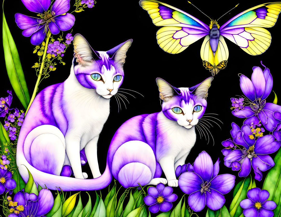 Two Siamese cats in a field of purple flowers