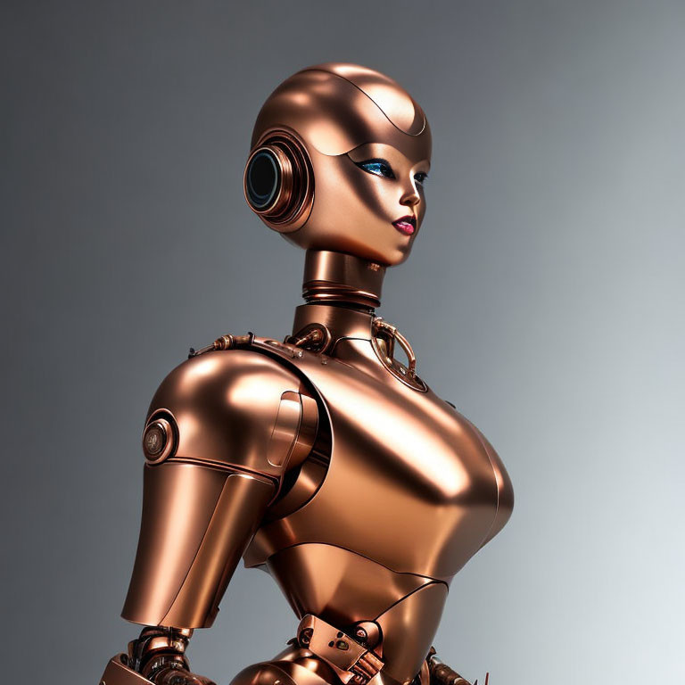 Metallic humanoid robot with copper finish and blue eyes